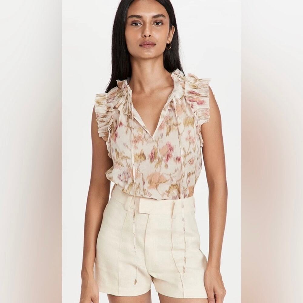 Rebecca Taylor watercolor floral ruffle sleeveless Picot Ruffle Blouse Top MED